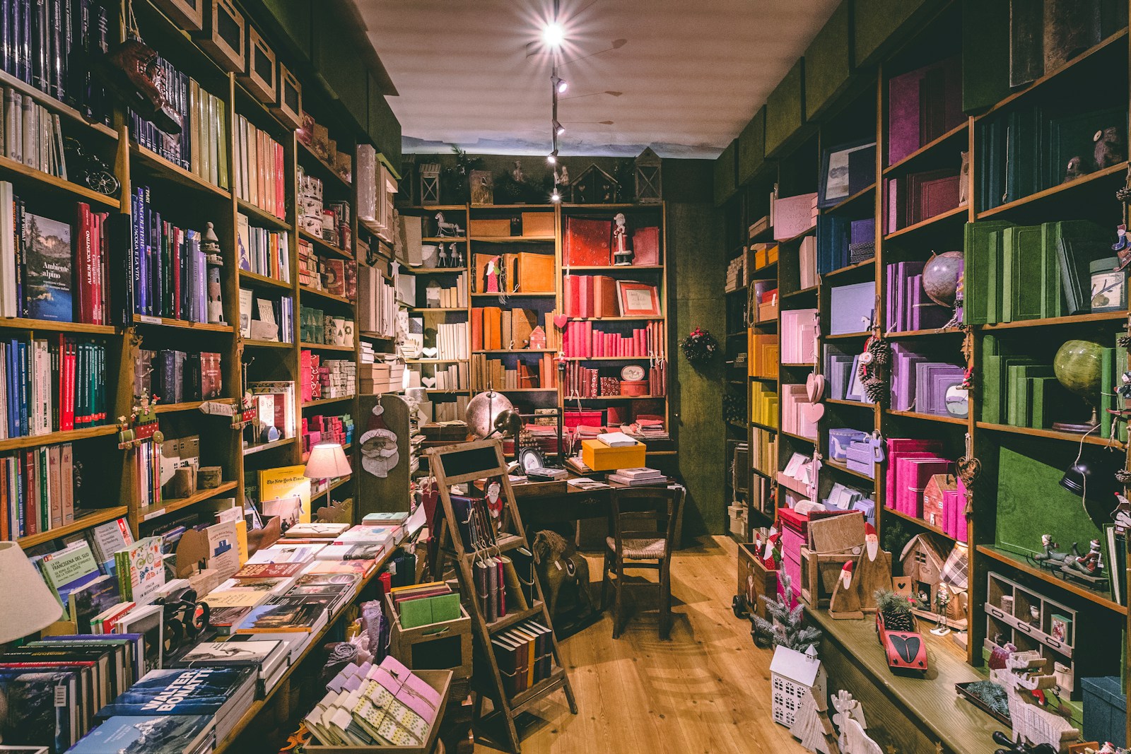 A layered library filled with books