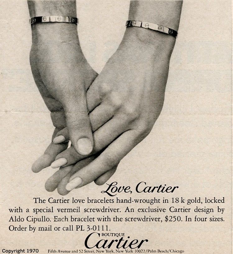 Vintage Cartier Love bracelet advertisement showing two hands