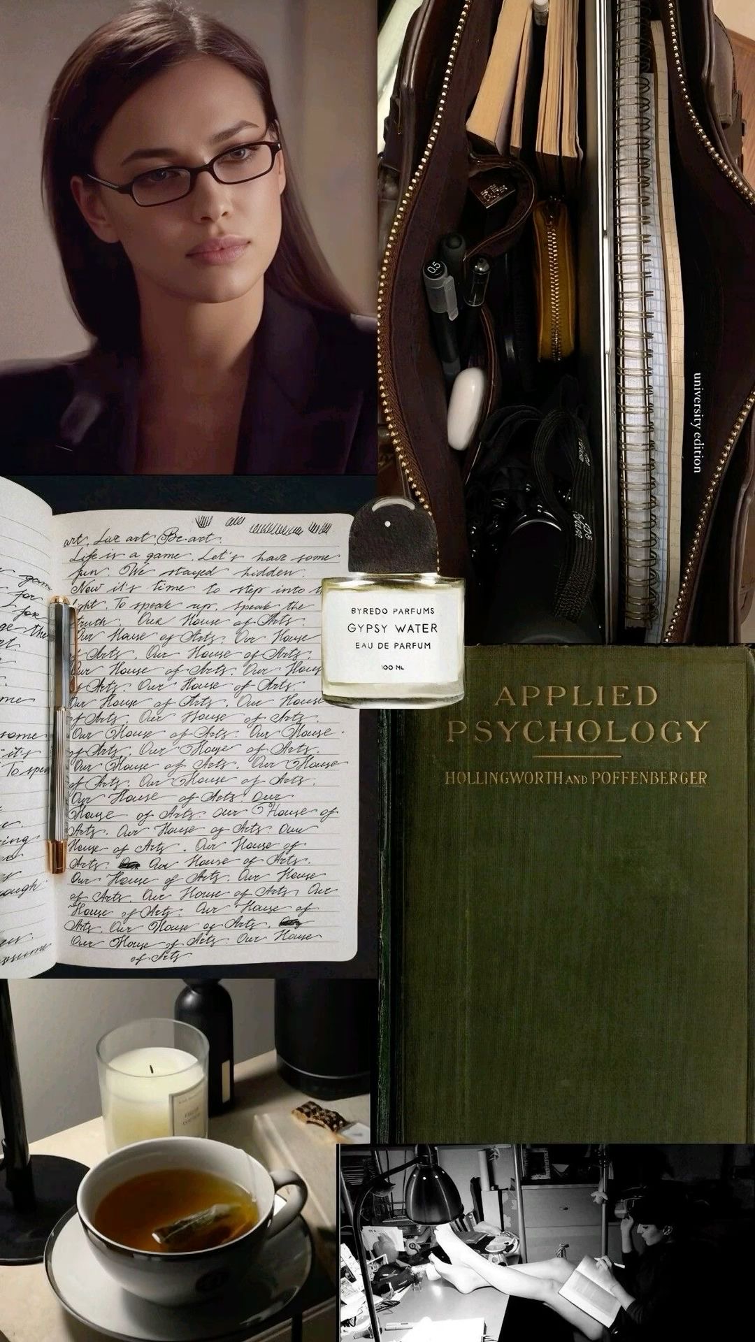 Editorial collage with notebooks, glasses and an applied psychology book