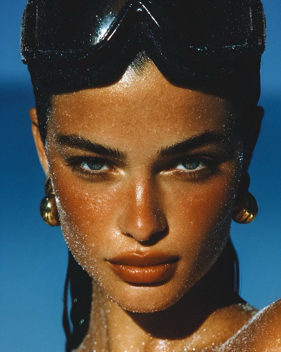 Close portrait of a woman emerging from water